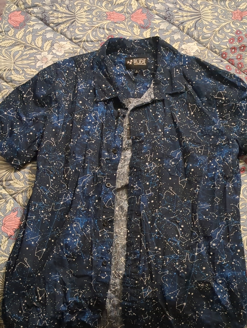 RUDE Navy and White Constellation Print Short Sleeve Shirt